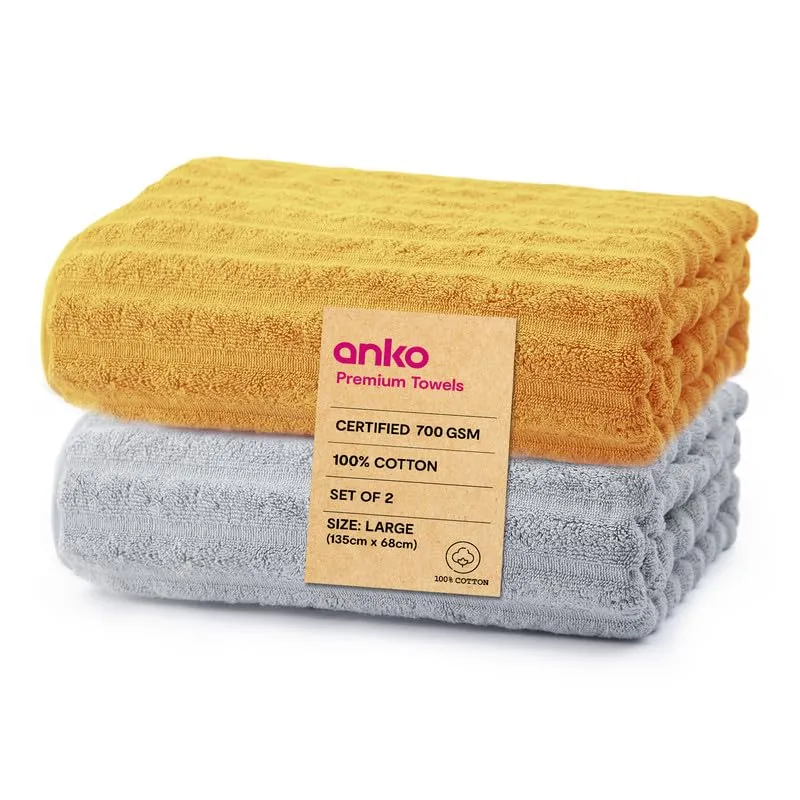 Anko Australia 100% Cotton 700 GSM Large Ribbed Bath Towel | Set of 2 | Super-Soft, Absorbent, Quick-Drying | Mustard & Grey Towel for Men, Women & Kids | 135x68 cm |Travel, Gym, Spa Towel