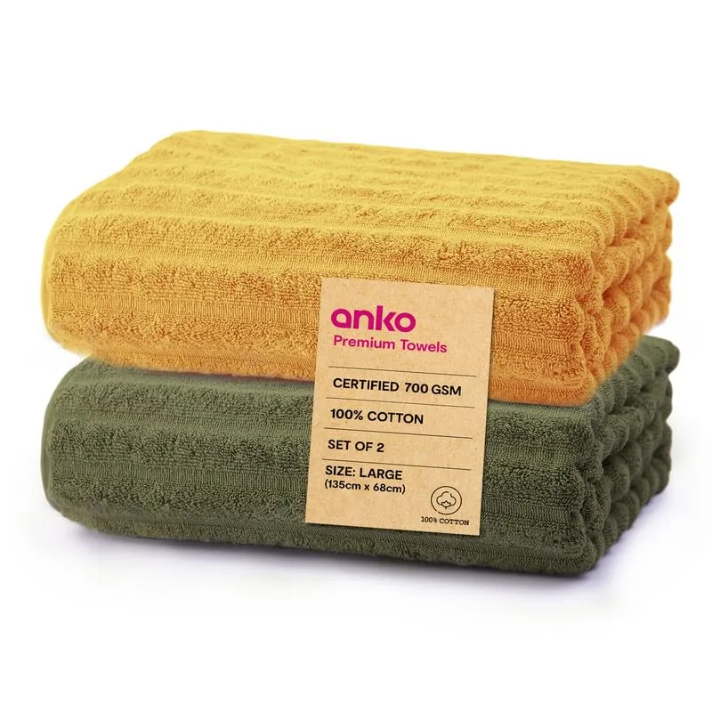 Anko Australia 100% Cotton 700 GSM Large Ribbed Bath Towel | Set of 2 | Super-Soft, Absorbent, Quick-Drying | Mustard & Olive Towel for Men, Women & Kids | 135x68 cm |Travel, Gym, Spa Towel