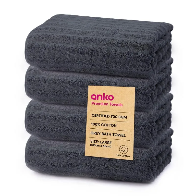 Anko Australia 100% Cotton 700 GSM Large Ribbed Bath Towel | Set of 4 | Super-Soft, Absorbent, Quick-Drying | Dark Grey Towel for Men, Women & Kids | 135x68 cm |Travel, Gym, Spa Towel