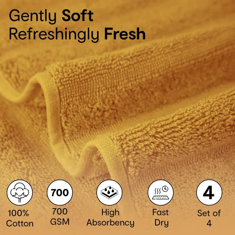 Anko Australia 100% Cotton 700 GSM Large Ribbed Bath Towel | Set of 4 | Super-Soft, Absorbent, Quick-Drying | Mustard Towel for Men, Women & Kids | 135x68 cm |Travel, Gym, Spa Towel