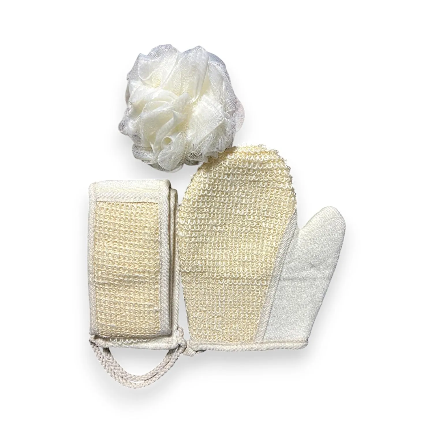 Exfoliating Bath Set: Loofah Gloves, Back Scrubber Belt & Loofah Sponge - Bathing Combo