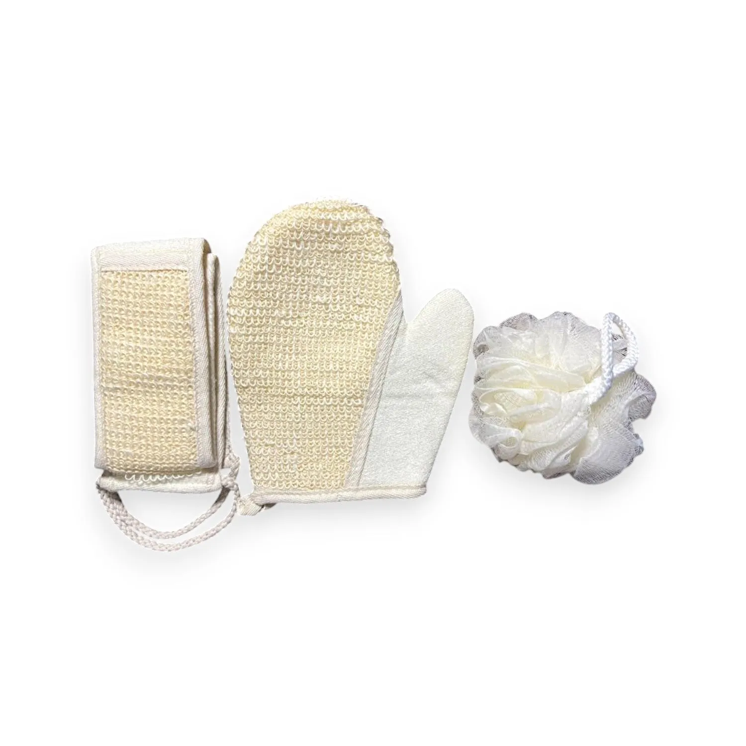 Exfoliating Bath Set: Loofah Gloves, Back Scrubber Belt & Loofah Sponge - Bathing Combo